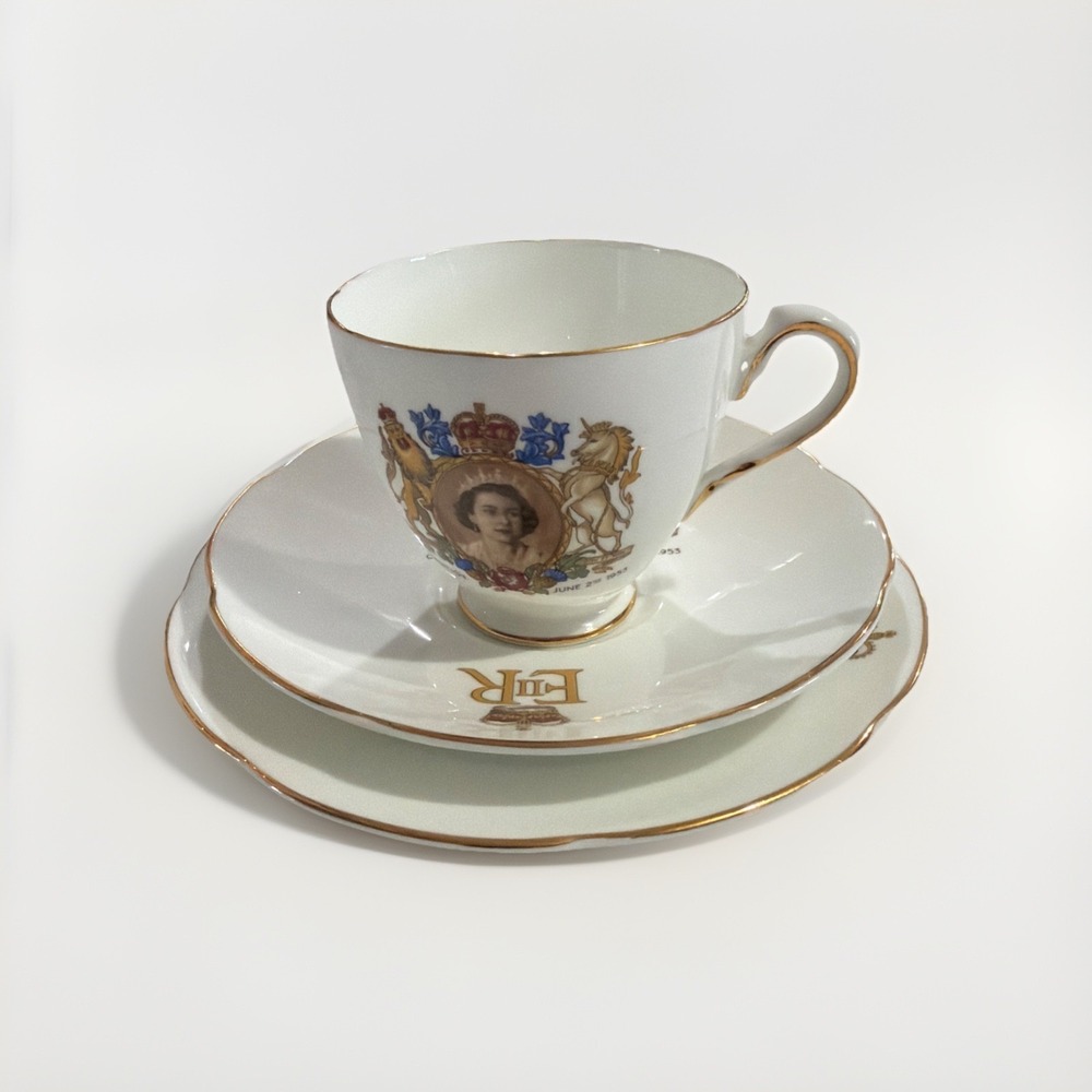 VTG 1953 Coronation of HM Queen Elizabeth Adderley Teacup Saucer Bread Plate 3pc